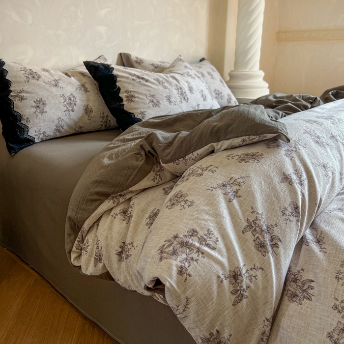 91家纺网 家纺一手货源 找家纺 繁花家居 2025秋冬磨毛复古亚麻棉麻提花超软四件套 素锦花漾