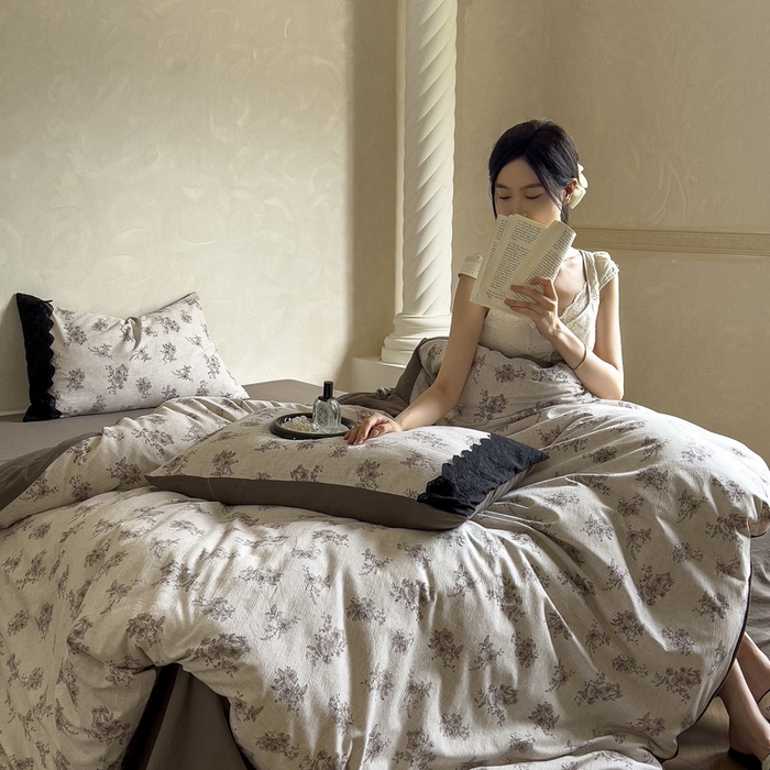 91家纺网 家纺一手货源 找家纺 繁花家居 2025秋冬磨毛复古亚麻棉麻提花超软四件套 素锦花漾