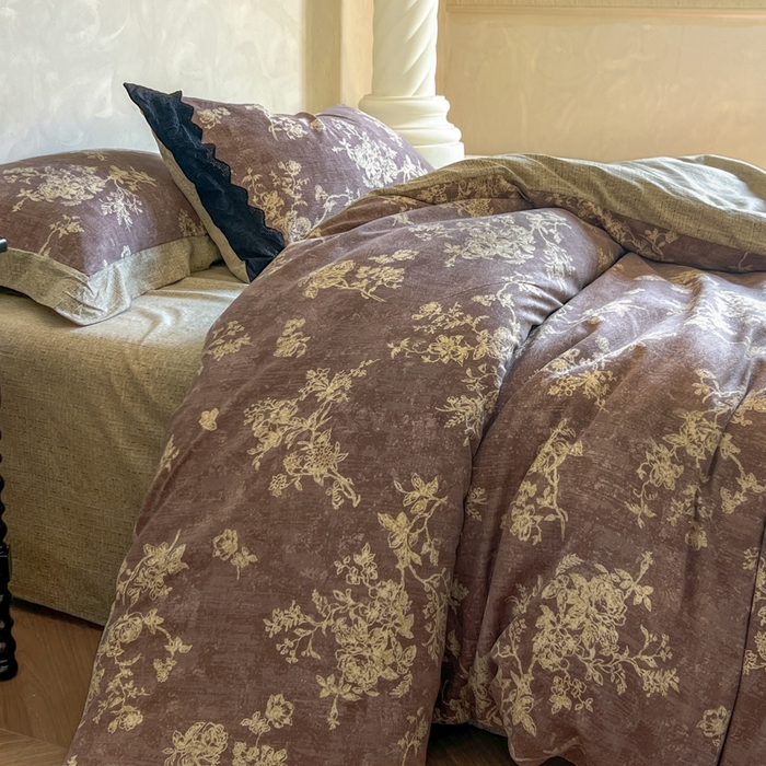 91家纺网 家纺一手货源 找家纺 繁花家居 2025秋冬磨毛复古亚麻棉麻提花超软四件套 紫藤芳华