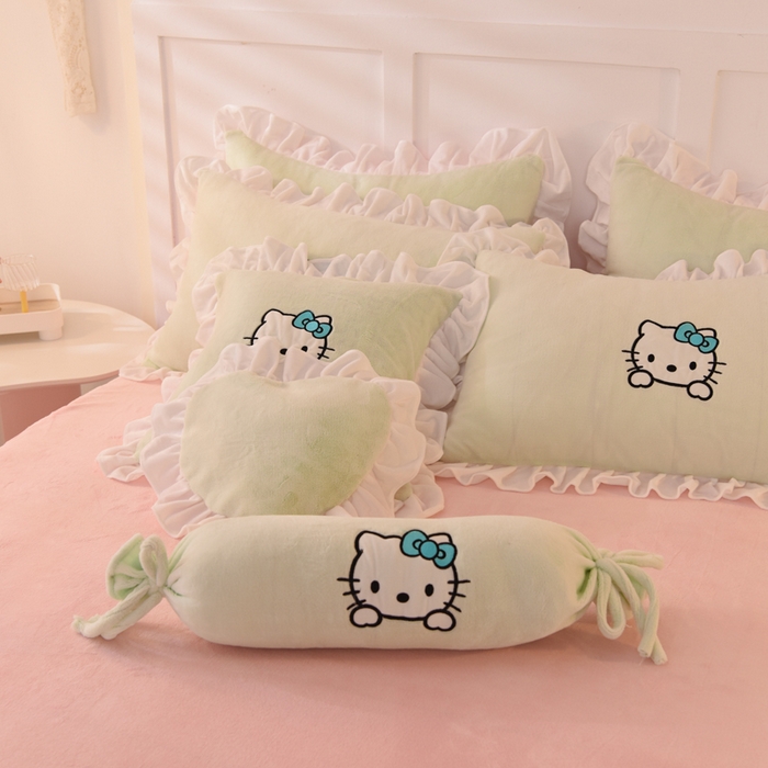 91家纺网 家纺一手货源 找家纺 绒世界 2025新款高端牛奶绒卡通刺绣牛奶绒四件套 kiss猫-抹茶拼粉