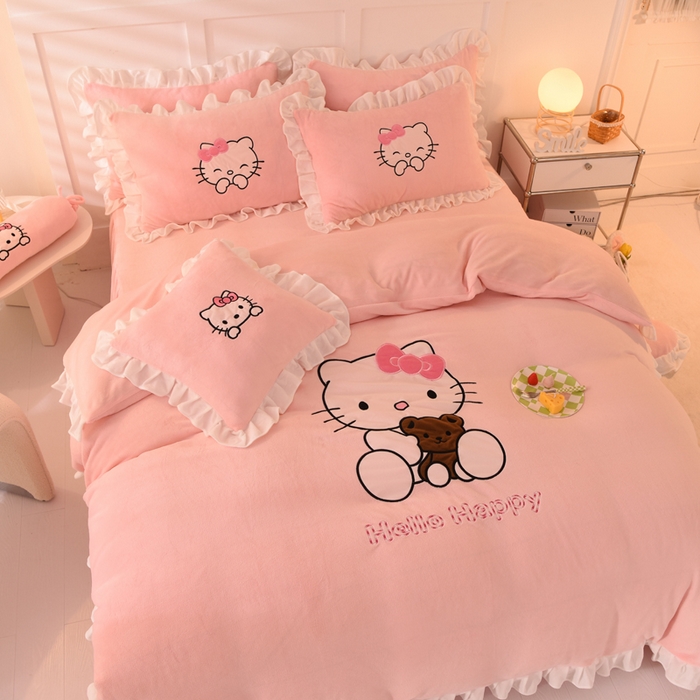 91家纺网 家纺一手货源 找家纺 绒世界 2025新款高端牛奶绒卡通刺绣牛奶绒四件套 可爱猫-粉