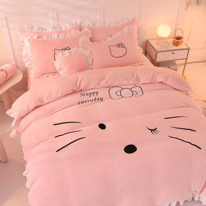 91家纺网 家纺一手货源 找家纺 绒世界 2025新款高端牛奶绒卡通刺绣牛奶绒四件套 美美猫-粉