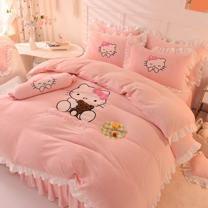 91家纺网 家纺一手货源 找家纺 绒世界 2025新款高端牛奶绒卡通刺绣牛奶绒四件套 可爱猫-粉