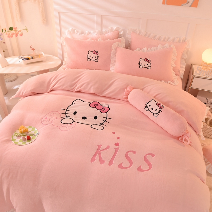 91家纺网 家纺一手货源 找家纺 绒世界 2025新款高端牛奶绒卡通刺绣牛奶绒四件套 kiss猫-粉