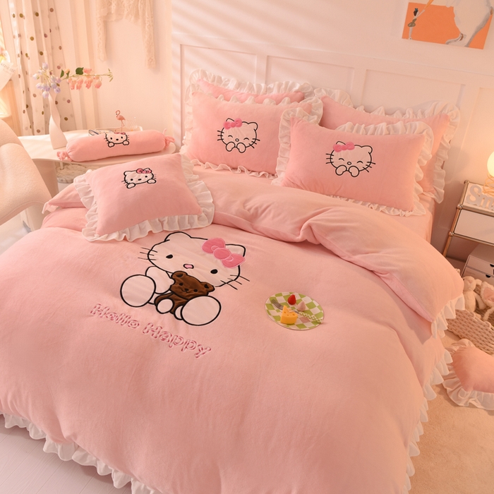 91家纺网 家纺一手货源 找家纺 绒世界 2025新款高端牛奶绒卡通刺绣牛奶绒四件套 可爱猫-粉