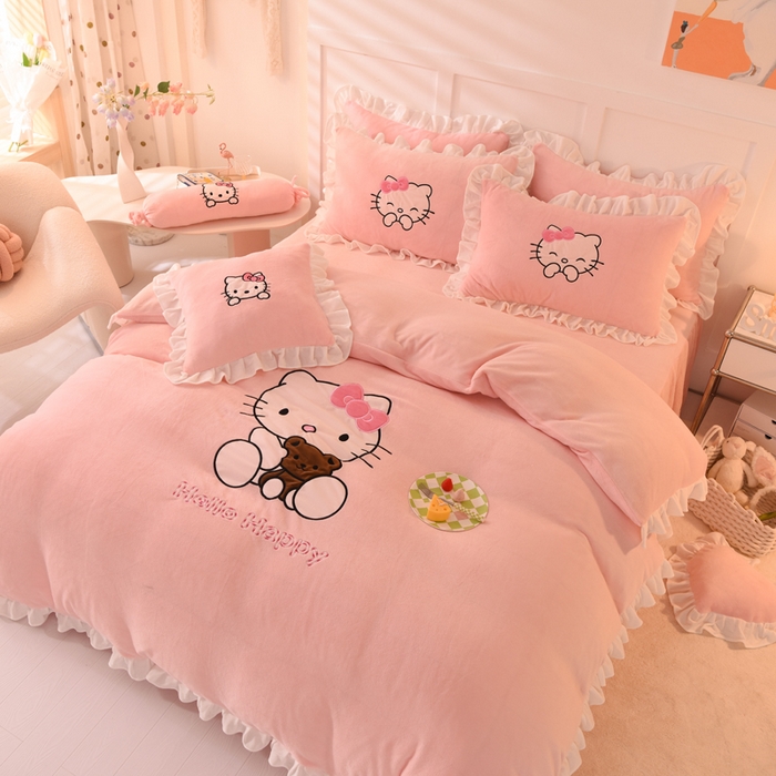 91家纺网 家纺一手货源 找家纺 绒世界 2025新款高端牛奶绒卡通刺绣牛奶绒四件套 可爱猫-粉