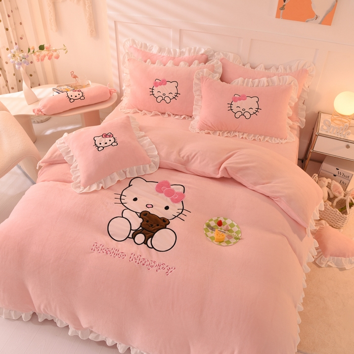 91家纺网 家纺一手货源 找家纺 绒世界 2025新款高端牛奶绒卡通刺绣牛奶绒四件套 可爱猫-粉