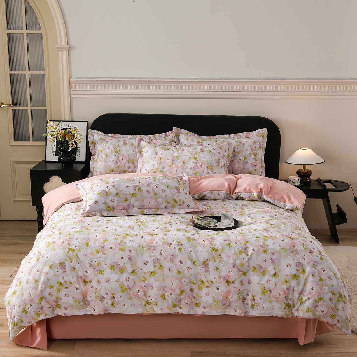 91家纺网 家纺一手货源 找家纺 金昱纺 2025新款法式加厚全棉纯棉磨毛四件套 木槿花庭-粉