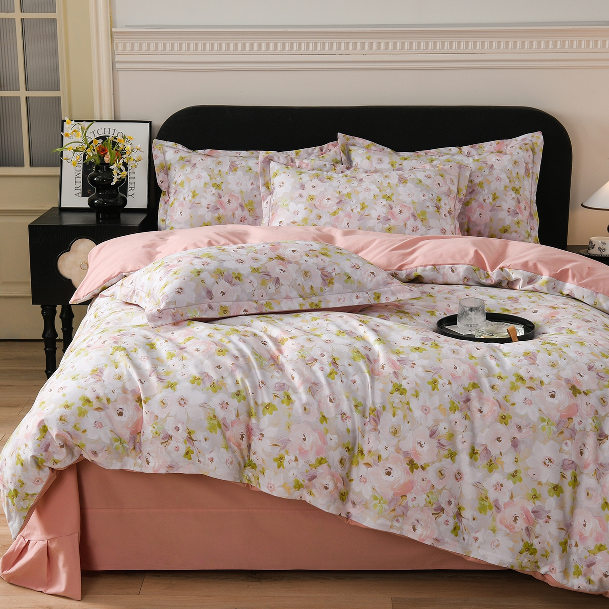 91家纺网 家纺一手货源 找家纺 金昱纺 2025新款法式加厚全棉纯棉磨毛四件套 木槿花庭-粉