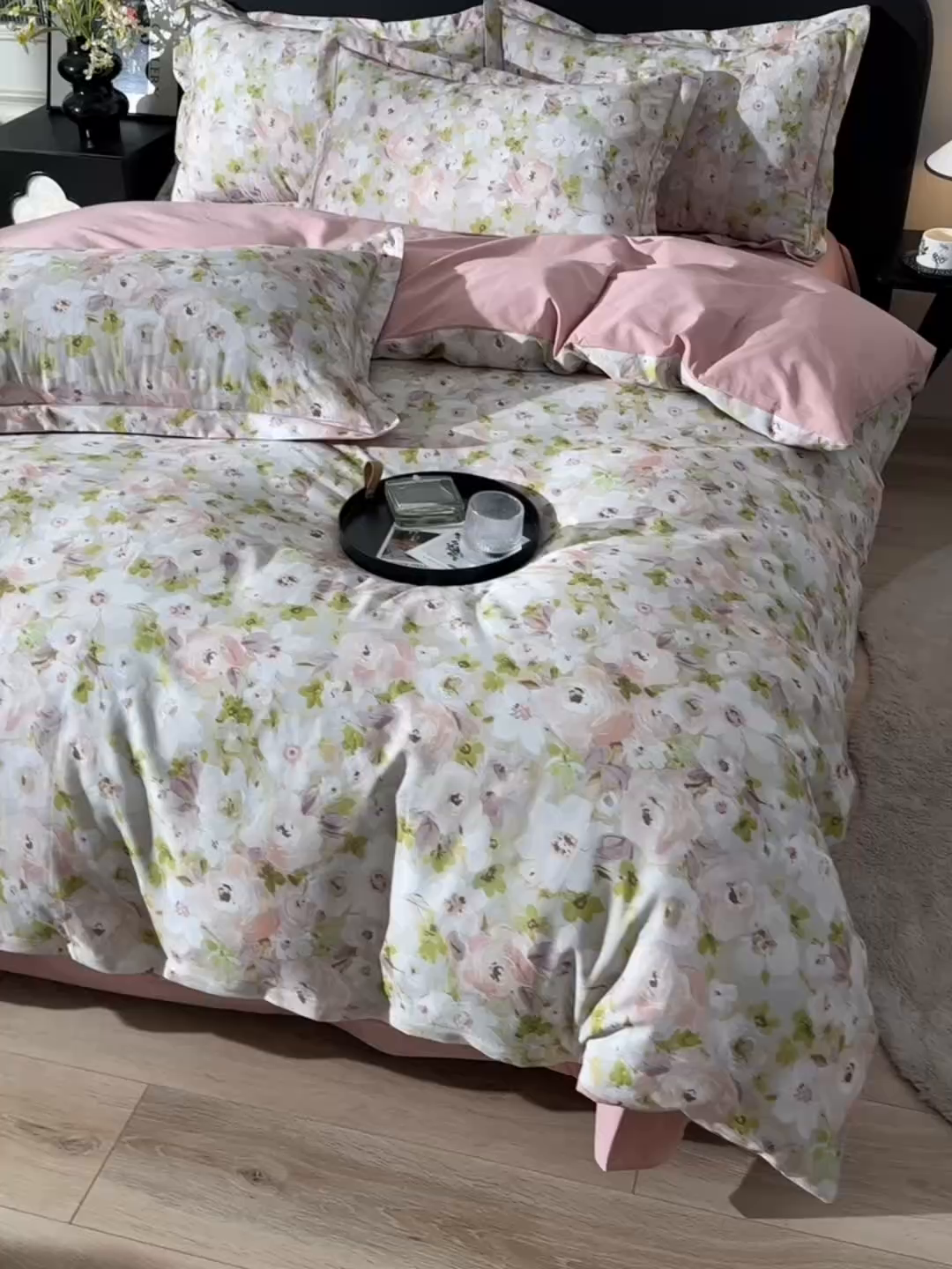 91家纺网 家纺一手货源 找家纺 金昱纺 2025新款法式加厚全棉纯棉磨毛四件套 木槿花庭-粉