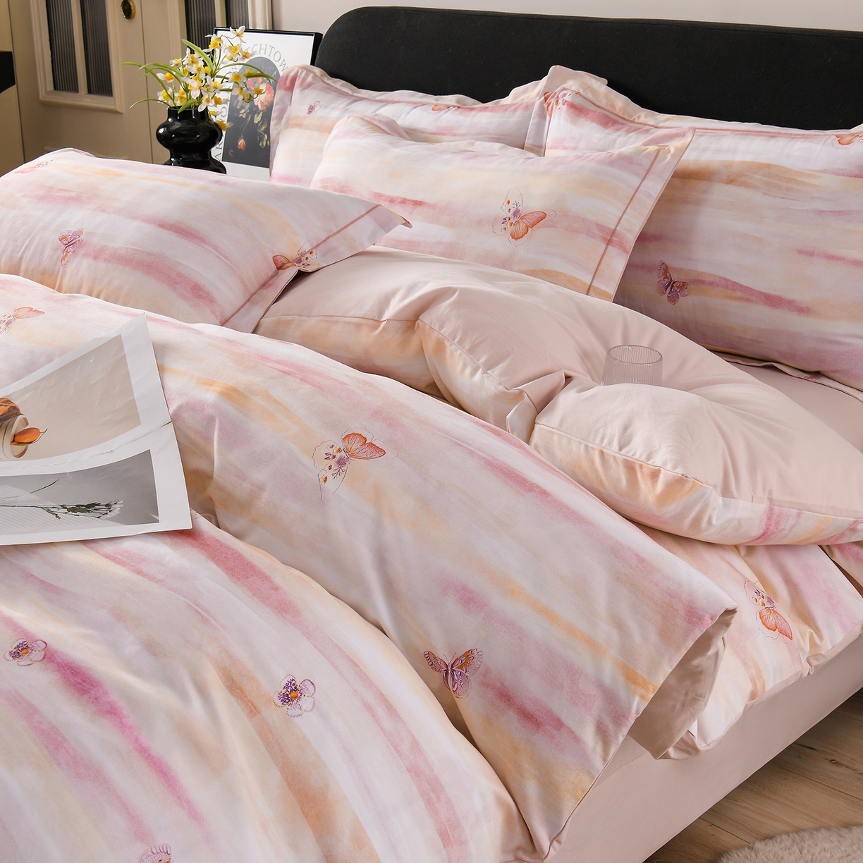 金昱纺 2025新款法式加厚全棉纯棉磨毛四件套 星河蝶影-粉