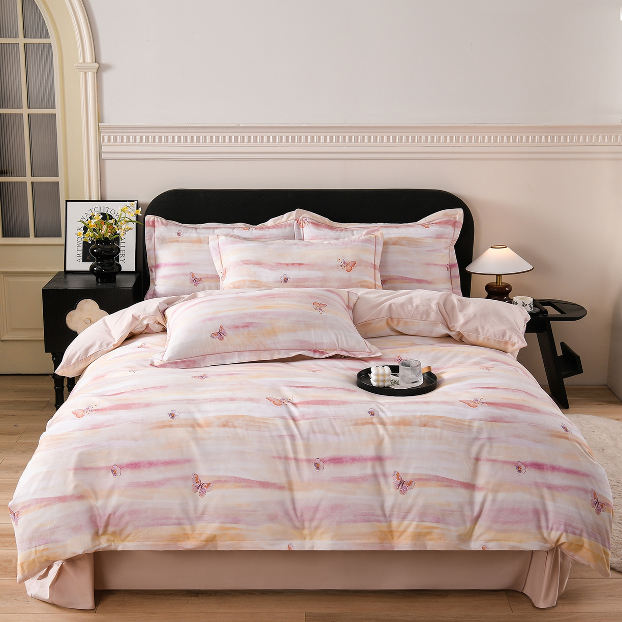 91家纺网 家纺一手货源 找家纺 金昱纺 2025新款法式加厚全棉纯棉磨毛四件套 星河蝶影-粉