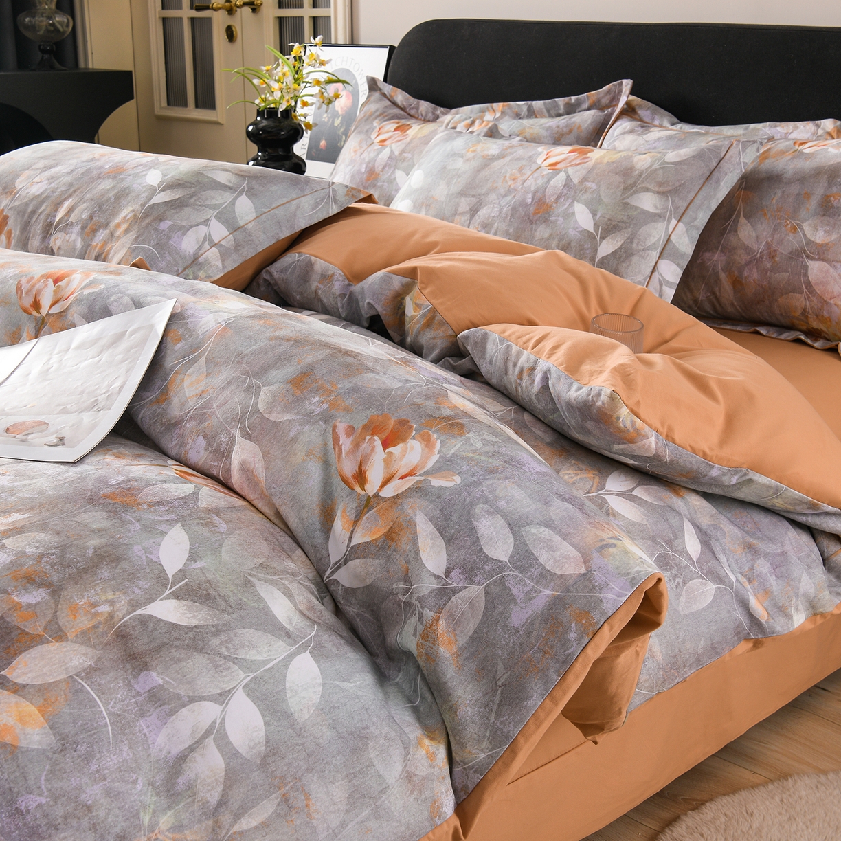 金昱纺 2025新款法式加厚全棉纯棉磨毛四件套 羽翠韵-灰