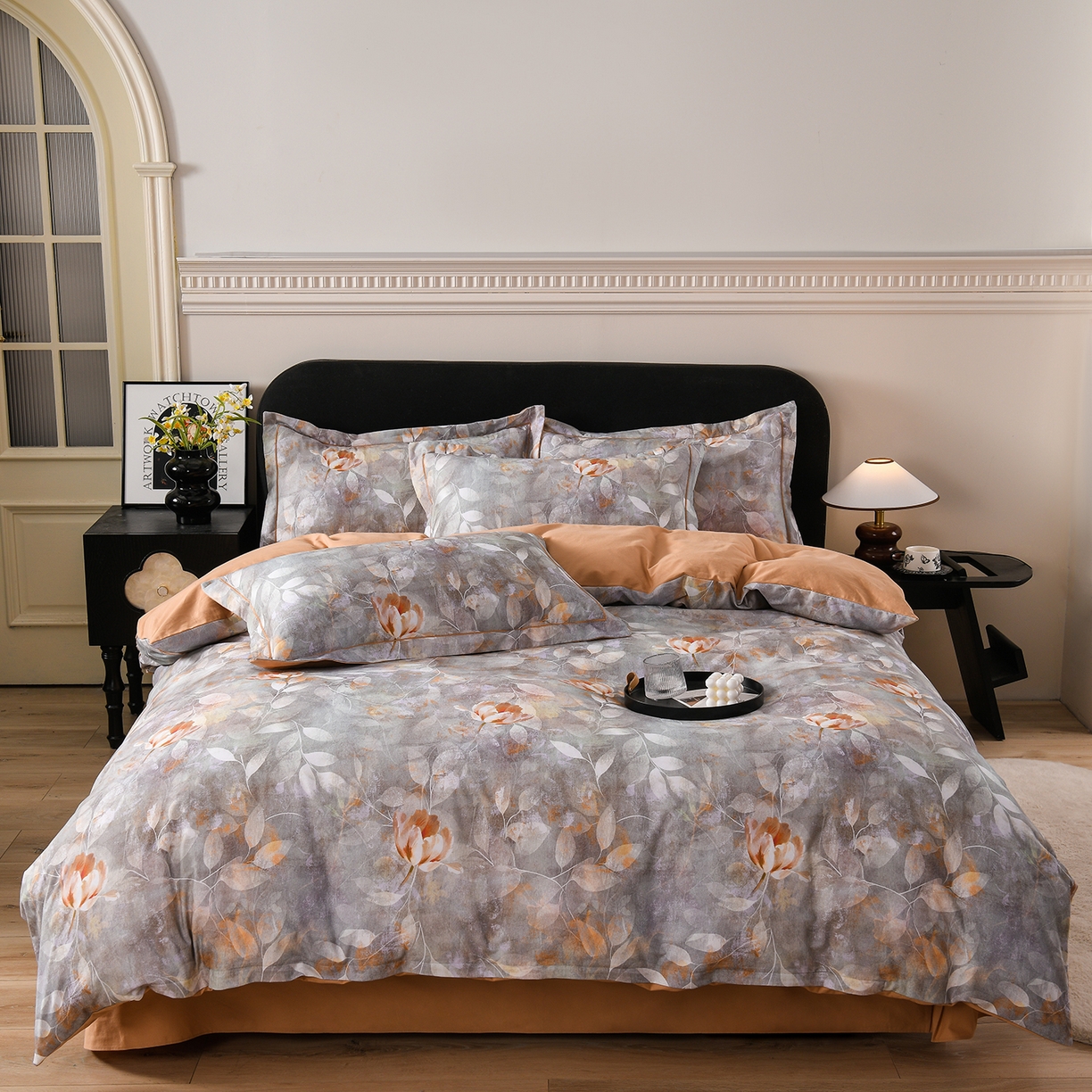 91家纺网 家纺一手货源 找家纺 金昱纺 2025新款法式加厚全棉纯棉磨毛四件套 羽翠韵-灰