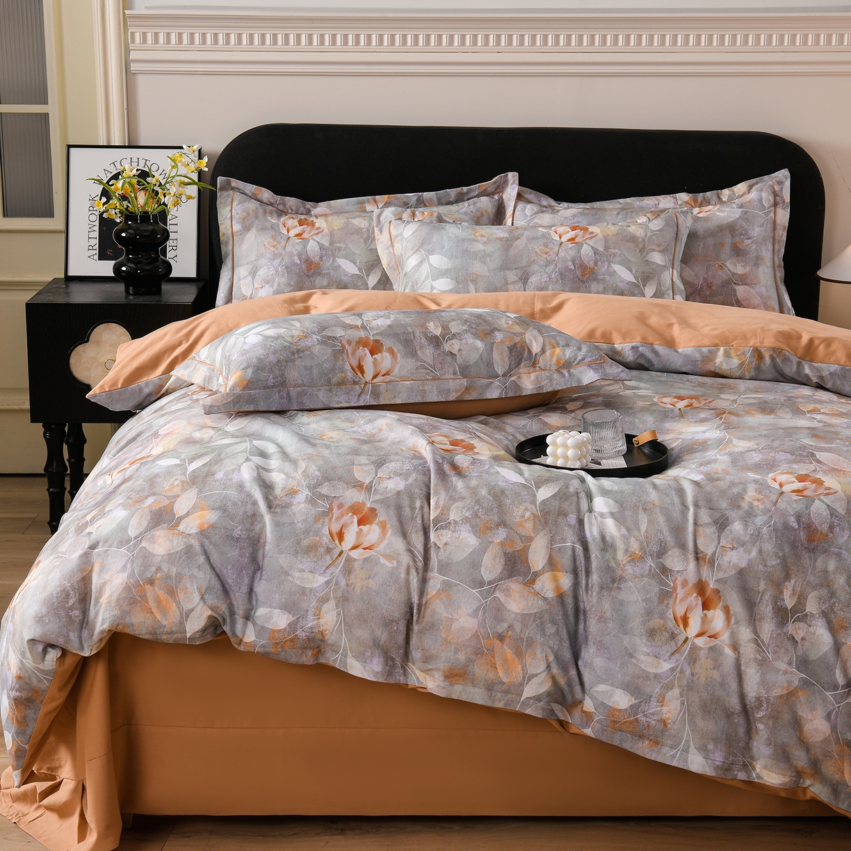 91家纺网 家纺一手货源 找家纺 金昱纺 2025新款法式加厚全棉纯棉磨毛四件套 羽翠韵-灰