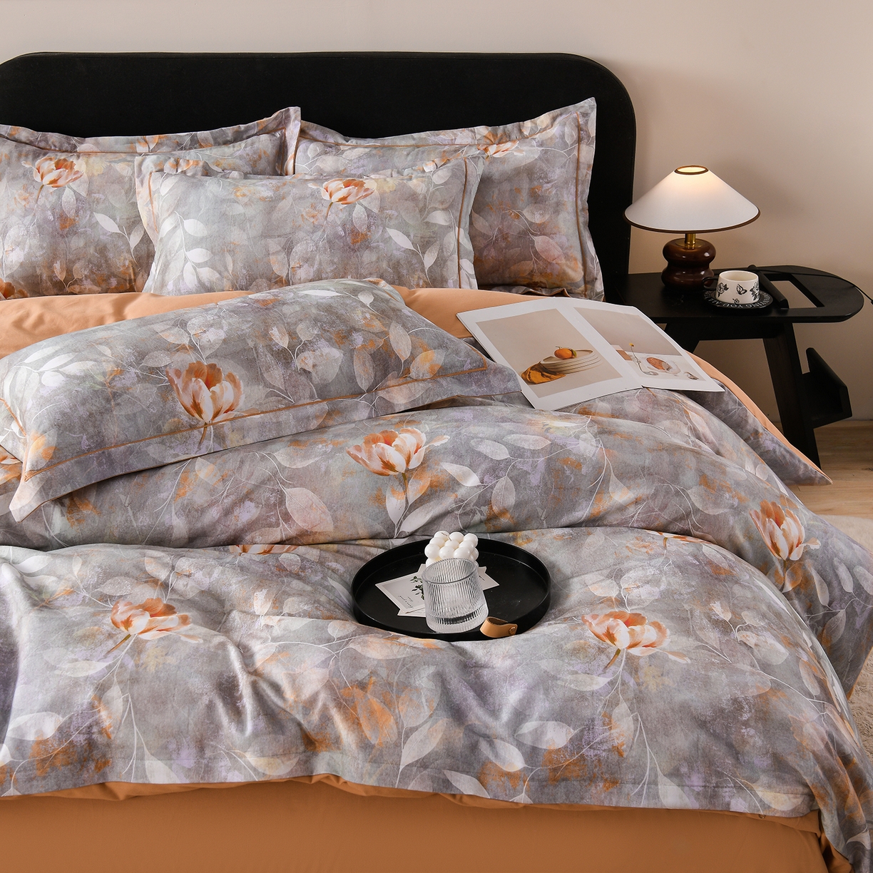 91家纺网 家纺一手货源 找家纺 金昱纺 2025新款法式加厚全棉纯棉磨毛四件套 羽翠韵-灰