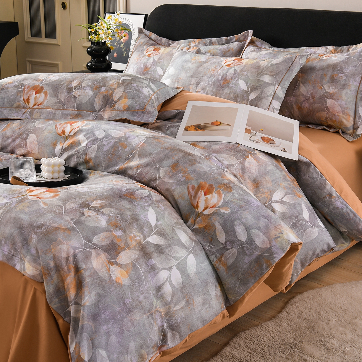 91家纺网 家纺一手货源 找家纺 金昱纺 2025新款法式加厚全棉纯棉磨毛四件套 羽翠韵-灰