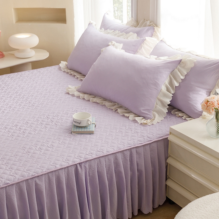 91家纺网 家纺一手货源 找家纺 绒世界 2025新款四季款夹棉泡泡纱床裙床笠被套四件套系列 紫色