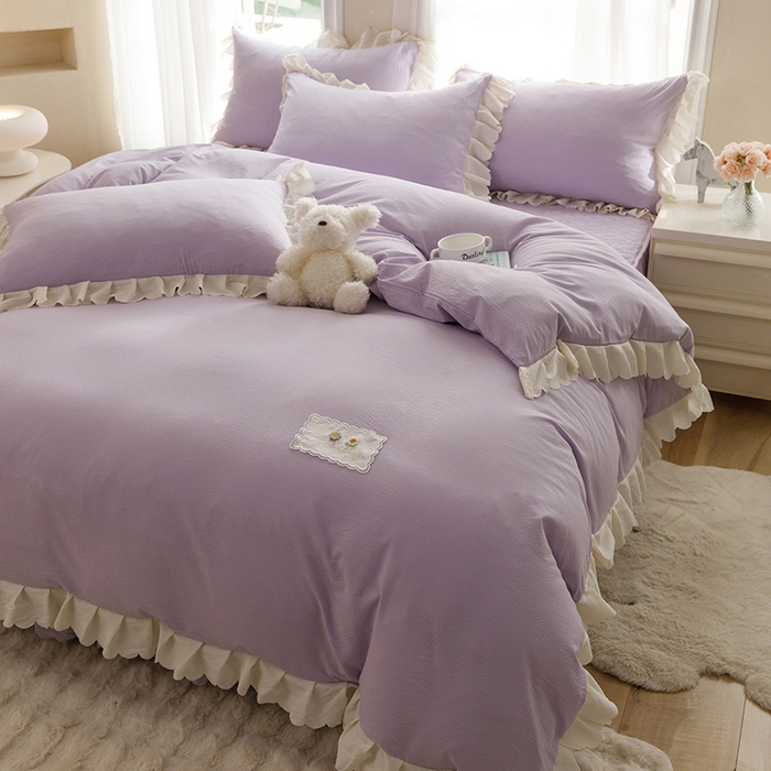 91家纺网 家纺一手货源 找家纺 绒世界 2025新款四季款夹棉泡泡纱床裙床笠被套四件套系列 紫色