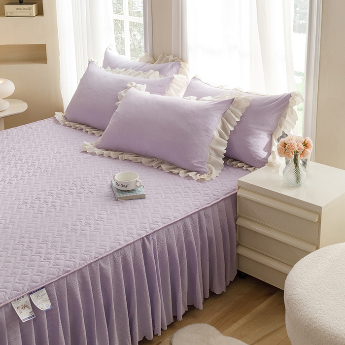 91家纺网 家纺一手货源 找家纺 绒世界 2025新款四季款夹棉泡泡纱床裙床笠被套四件套系列 紫色