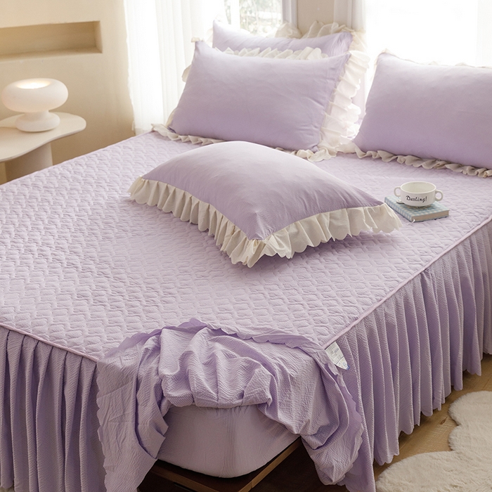 91家纺网 家纺一手货源 找家纺 绒世界 2025新款四季款夹棉泡泡纱床裙床笠被套四件套系列 紫色