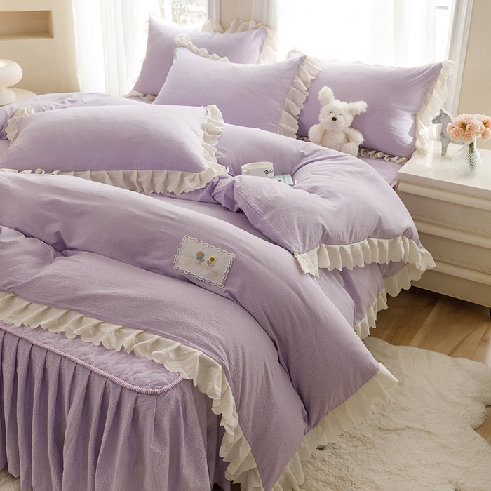绒世界 2025新款四季款夹棉泡泡纱床裙床笠被套四件套系列 紫色