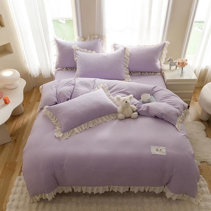 91家纺网 家纺一手货源 找家纺 绒世界 2025新款四季款夹棉泡泡纱床裙床笠被套四件套系列 紫色