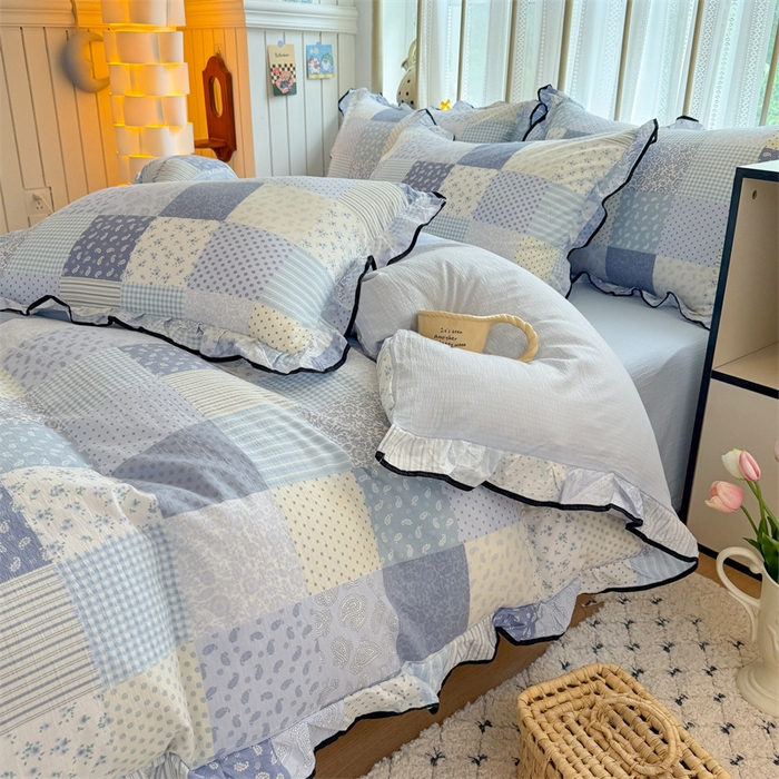 91家纺网 家纺一手货源 找家纺 森璐家纺 2025新款云感皱皱双层纱黑色包边四件套 黑边-半亩花田