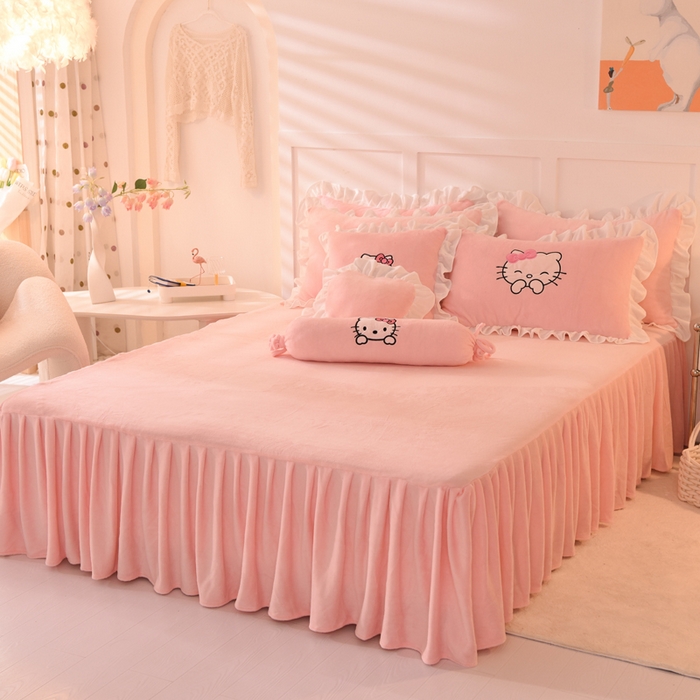 91家纺网 家纺一手货源 找家纺 丝印良品 2025新款高端牛奶绒卡通刺绣牛奶绒四件套 可爱猫-粉