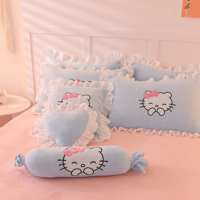 91家纺网 家纺一手货源 找家纺 丝印良品 2025新款高端牛奶绒卡通刺绣牛奶绒四件套 可爱猫-蓝粉