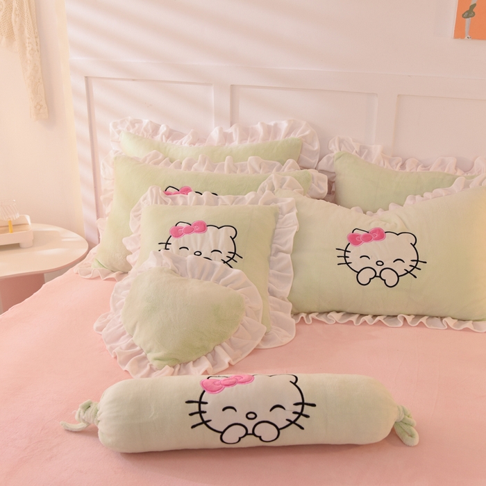 91家纺网 家纺一手货源 找家纺 丝印良品 2025新款高端牛奶绒卡通刺绣牛奶绒四件套 可爱猫-抹茶拼粉