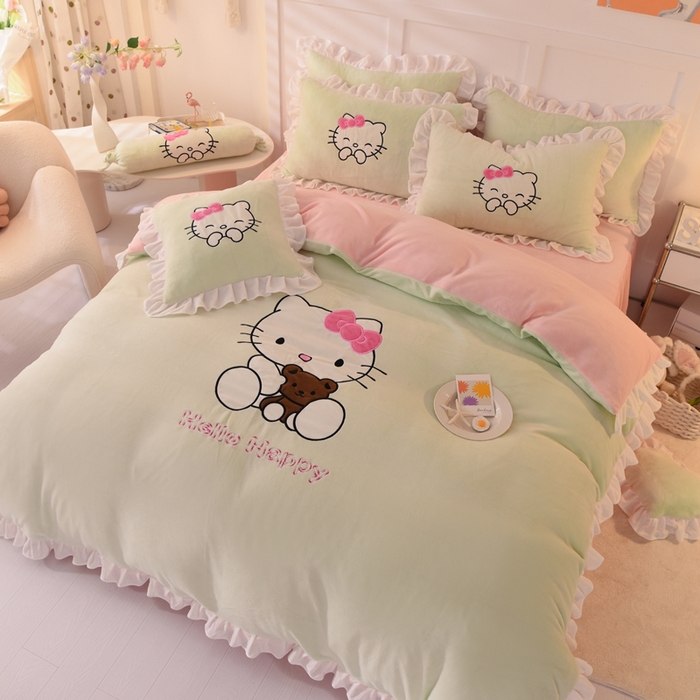 91家纺网 家纺一手货源 找家纺 丝印良品 2025新款高端牛奶绒卡通刺绣牛奶绒四件套 可爱猫-抹茶拼粉