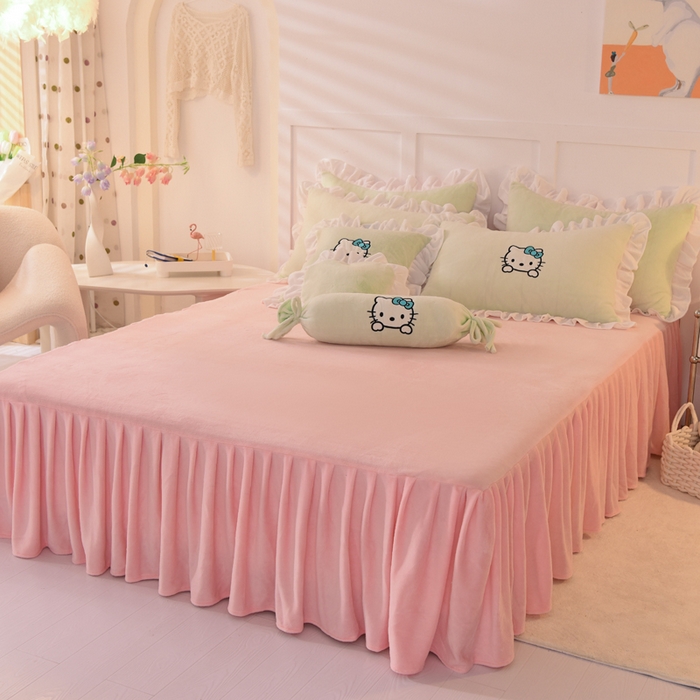 91家纺网 家纺一手货源 找家纺 丝印良品 2025新款高端牛奶绒卡通刺绣牛奶绒四件套 kiss猫-抹茶拼粉