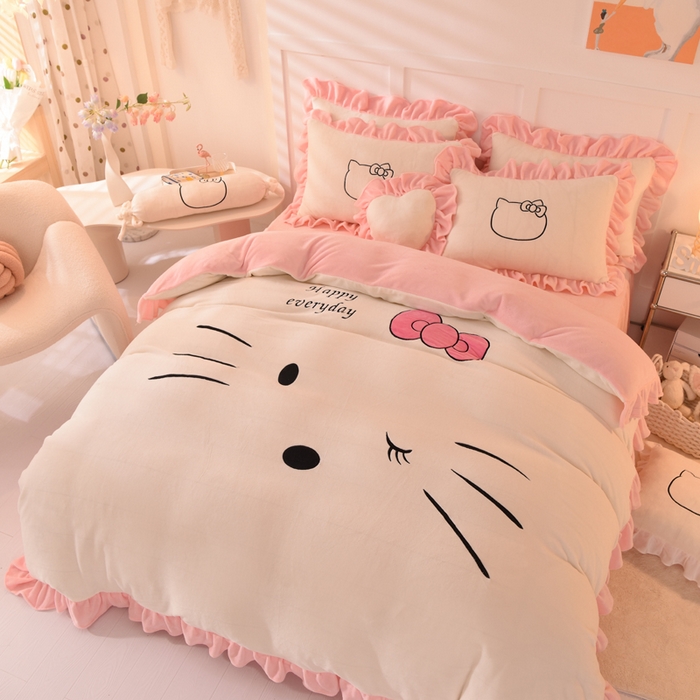 91家纺网 家纺一手货源 找家纺 丝印良品 2025新款高端牛奶绒卡通刺绣牛奶绒四件套 美美猫-芝士粉