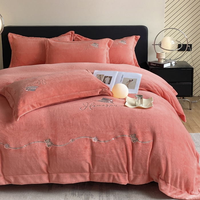 91家纺网 家纺一手货源 找家纺 丝印良品 2025新款秋冬加厚公主日记牛奶绒四件套 爱马仕橙