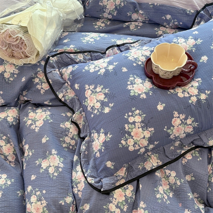 91家纺网 家纺一手货源 找家纺 森璐家纺 2025新款云感皱皱双层纱黑色包边四件套 黑边-豆蔻