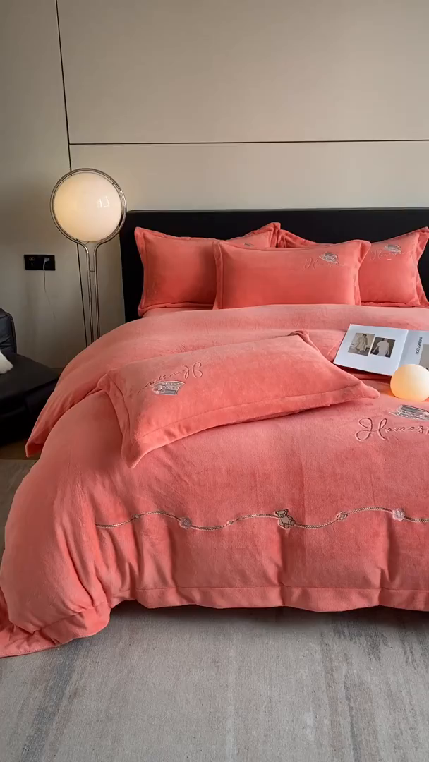 91家纺网 家纺一手货源 找家纺 丝印良品 2025新款秋冬加厚公主日记牛奶绒四件套 爱马仕橙