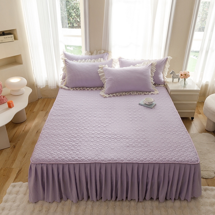 91家纺网 家纺一手货源 找家纺 丝印良品 2025新款四季款夹棉泡泡纱床裙床笠被套四件套系列 紫色