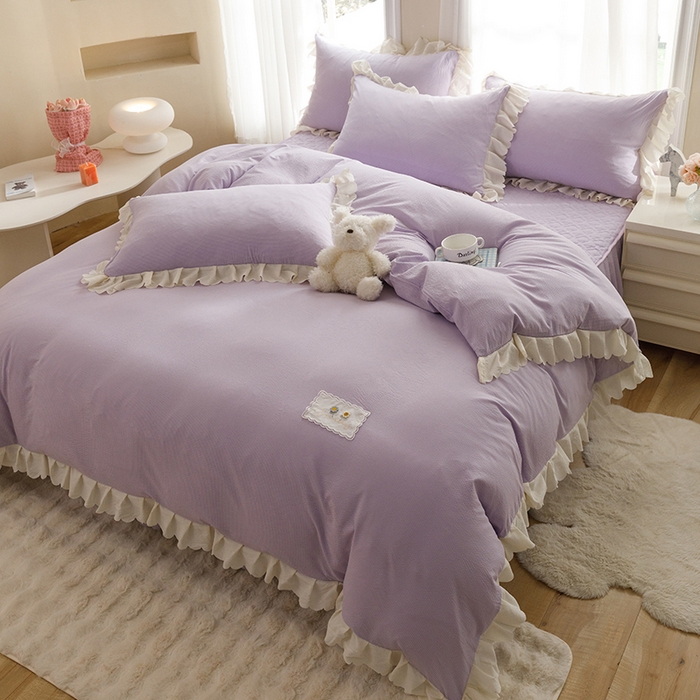 91家纺网 家纺一手货源 找家纺 丝印良品 2025新款四季款夹棉泡泡纱床裙床笠被套四件套系列 紫色