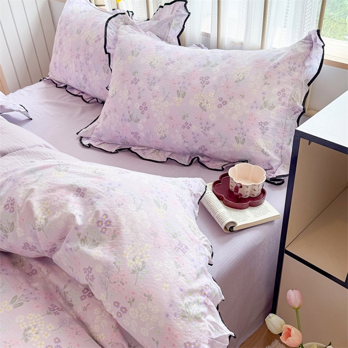 91家纺网 家纺一手货源 找家纺 森璐家纺 2025新款云感皱皱双层纱黑色包边四件套 黑边-可颂