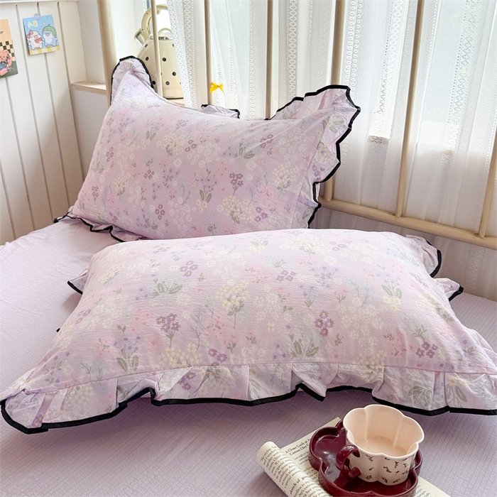 91家纺网 家纺一手货源 找家纺 森璐家纺 2025新款云感皱皱双层纱黑色包边四件套 黑边-可颂