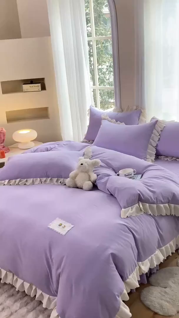 91家纺网 家纺一手货源 找家纺 丝印良品 2025新款四季款夹棉泡泡纱床裙床笠被套四件套系列 紫色