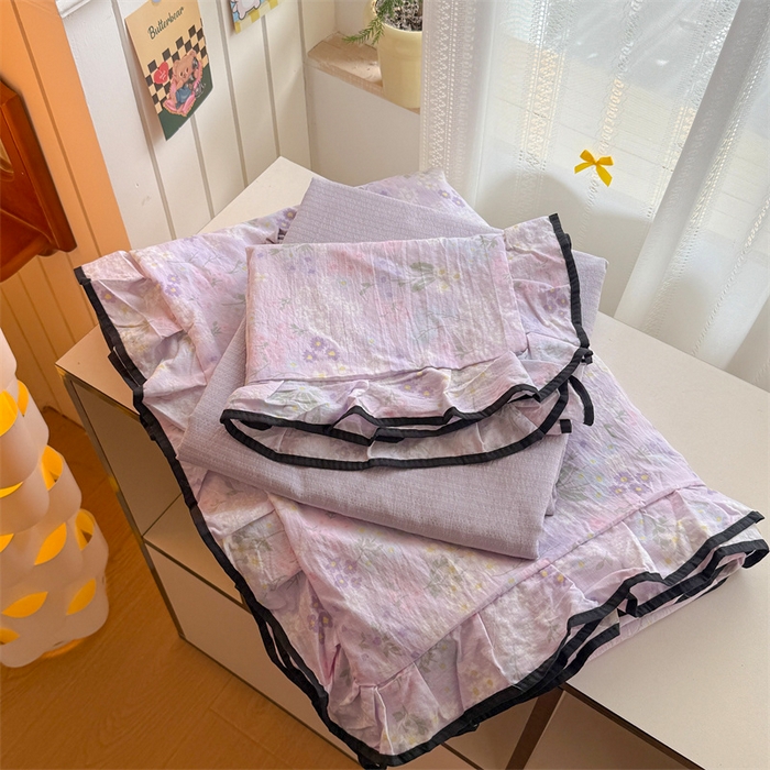 91家纺网 家纺一手货源 找家纺 森璐家纺 2025新款云感皱皱双层纱黑色包边四件套 黑边-可颂