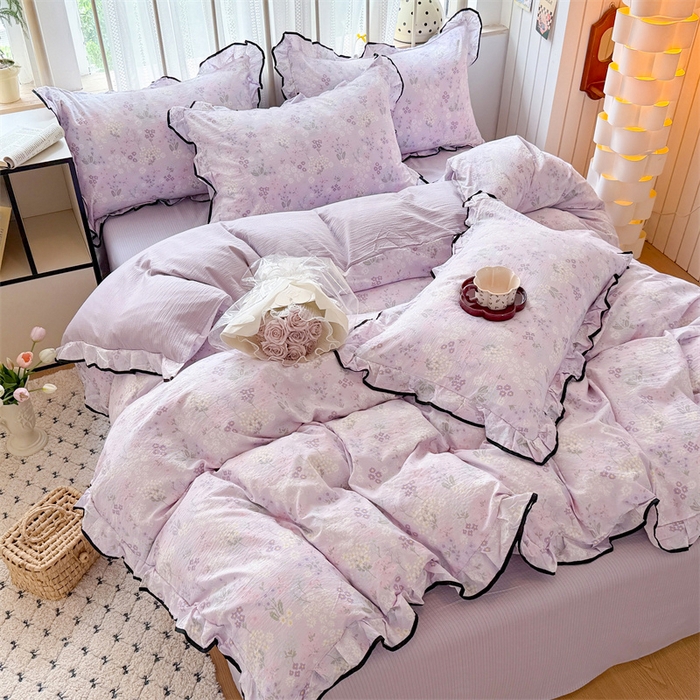 91家纺网 家纺一手货源 找家纺 森璐家纺 2025新款云感皱皱双层纱黑色包边四件套 黑边-可颂