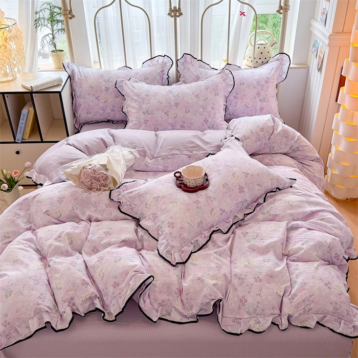 森璐家纺 2025新款云感皱皱双层纱黑色包边四件套 黑边-可颂