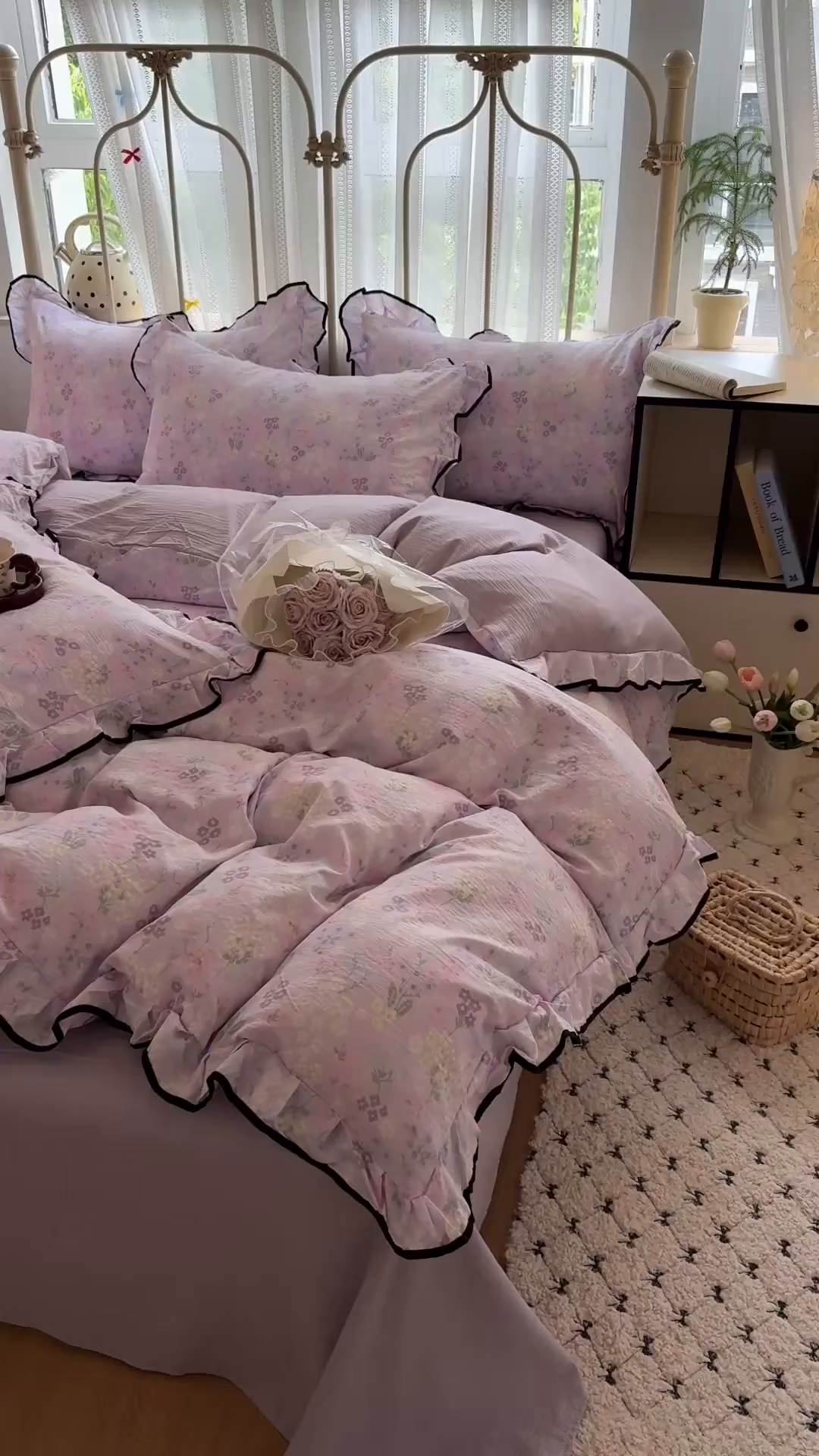 91家纺网 家纺一手货源 找家纺 森璐家纺 2025新款云感皱皱双层纱黑色包边四件套 黑边-可颂