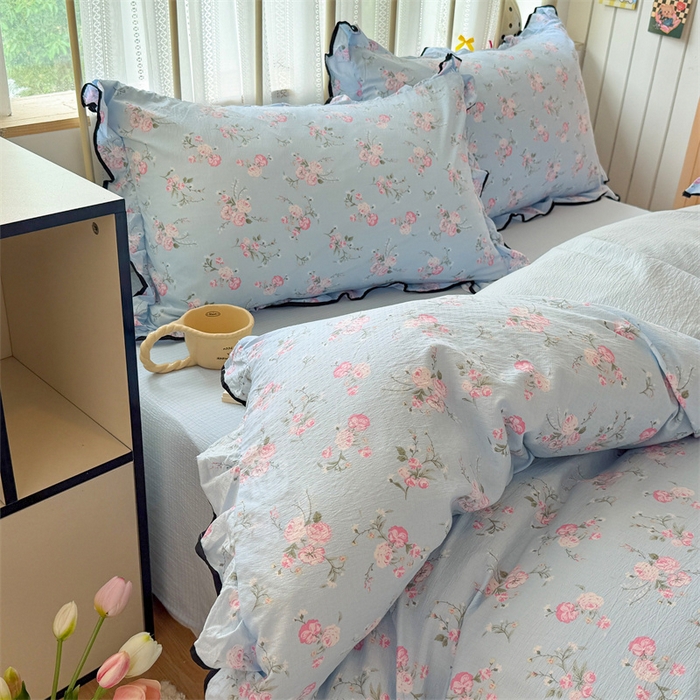 91家纺网 家纺一手货源 找家纺 森璐家纺 2025新款云感皱皱双层纱黑色包边四件套 黑边-蓝溪