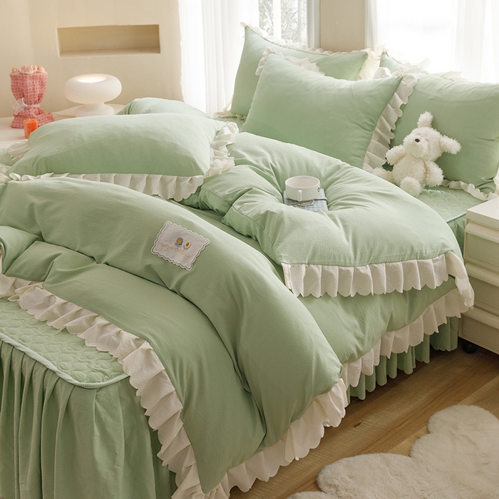 丝印良品 2025新款四季款夹棉泡泡纱床裙床笠被套四件套系列 豆绿