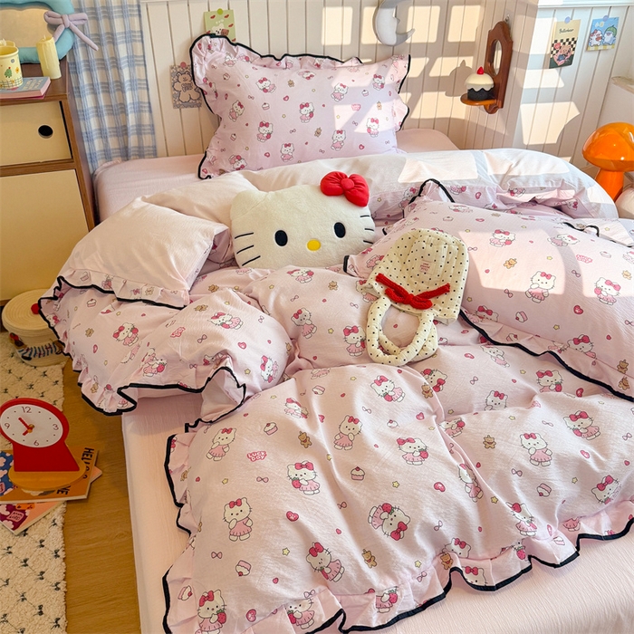 91家纺网 家纺一手货源 找家纺 森璐家纺 2025新款云感皱皱双层纱黑色包边四件套 黑边-喵喵酱