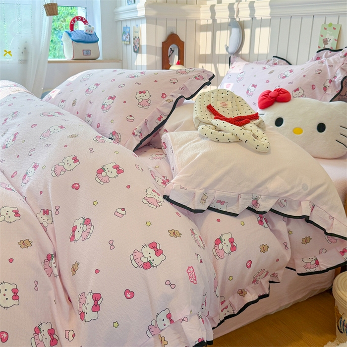 91家纺网 家纺一手货源 找家纺 森璐家纺 2025新款云感皱皱双层纱黑色包边四件套 黑边-喵喵酱